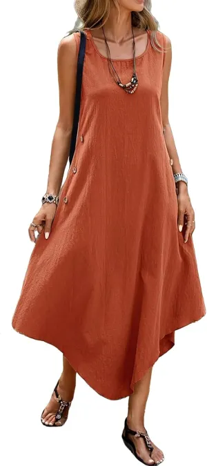 Cotton Linen Dress Women Summer Long Dresses Sleeveless Maxi Dress Flowy Casual Beach Plus Size Tank Tshirt Sundresses