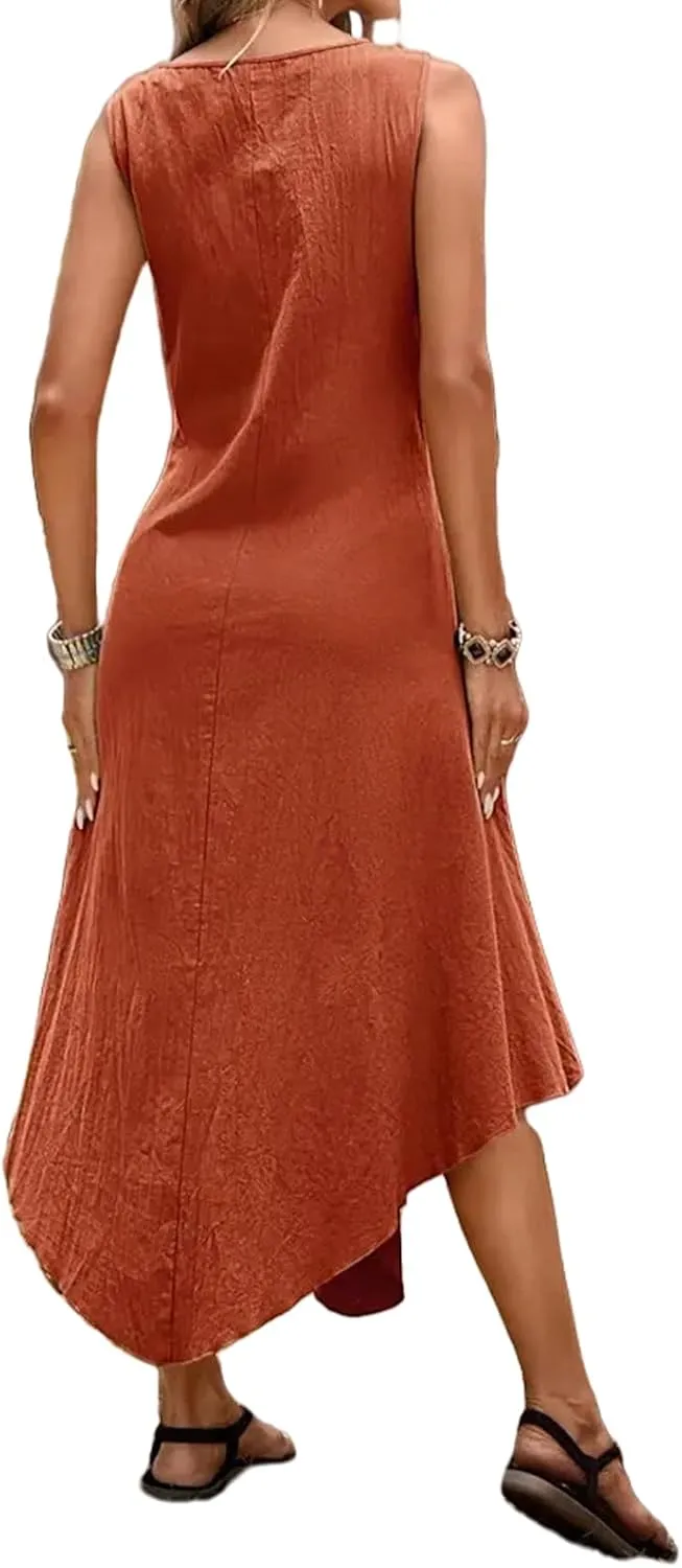 Cotton Linen Dress Women Summer Long Dresses Sleeveless Maxi Dress Flowy Casual Beach Plus Size Tank Tshirt Sundresses
