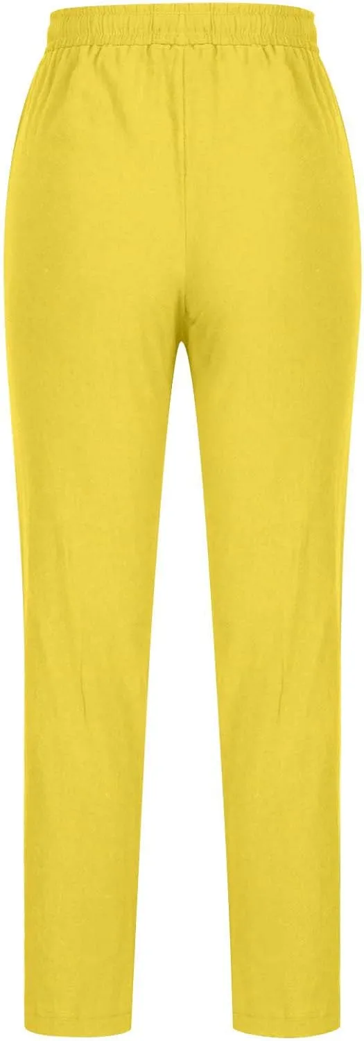 Cotton Linen Pants for Women Casual Fall Drawstring High Waist Pants with Pockets Outside Wear Tapered Wide Leg Pants