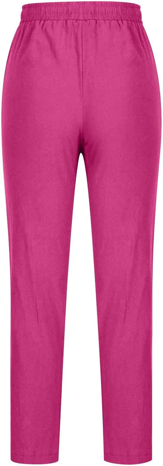Cotton Linen Pants for Women Casual Fall Drawstring High Waist Pants with Pockets Outside Wear Tapered Wide Leg Pants