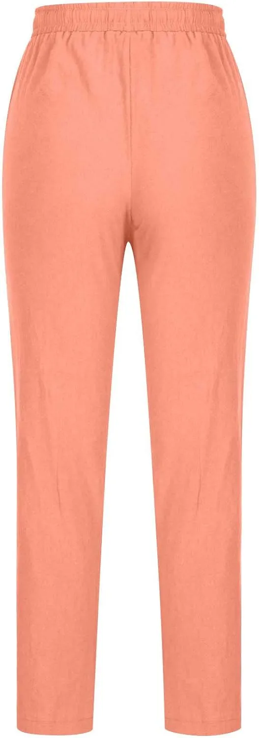 Cotton Linen Pants for Women Casual Fall Drawstring High Waist Pants with Pockets Outside Wear Tapered Wide Leg Pants