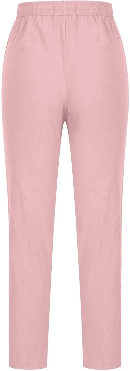 Cotton Linen Pants for Women Casual Fall Drawstring High Waist Pants with Pockets Outside Wear Tapered Wide Leg Pants