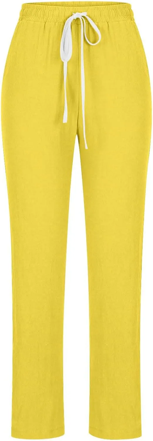 Cotton Linen Pants for Women Casual Fall Drawstring High Waist Pants with Pockets Outside Wear Tapered Wide Leg Pants