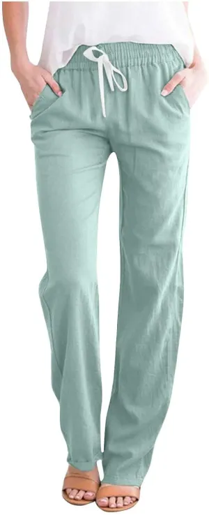 Cotton Linen Pants for Women Casual Fall Drawstring High Waist Pants with Pockets Outside Wear Tapered Wide Leg Pants