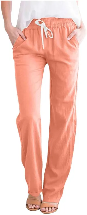 Cotton Linen Pants for Women Casual Fall Drawstring High Waist Pants with Pockets Outside Wear Tapered Wide Leg Pants