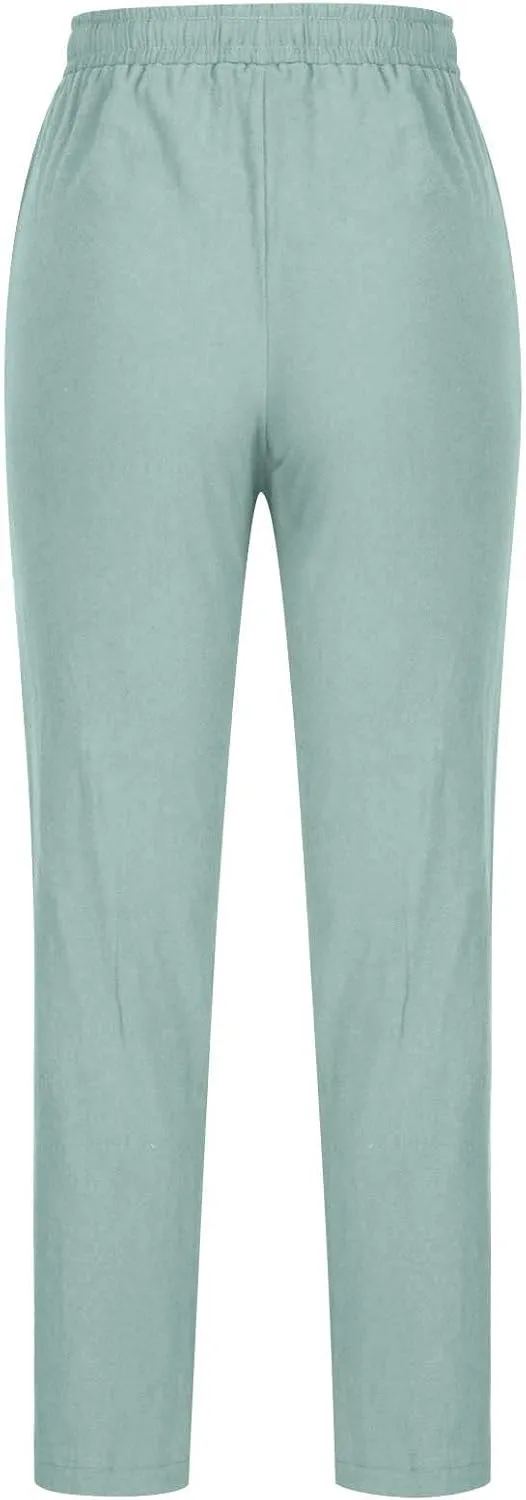 Cotton Linen Pants for Women Casual Fall Drawstring High Waist Pants with Pockets Outside Wear Tapered Wide Leg Pants