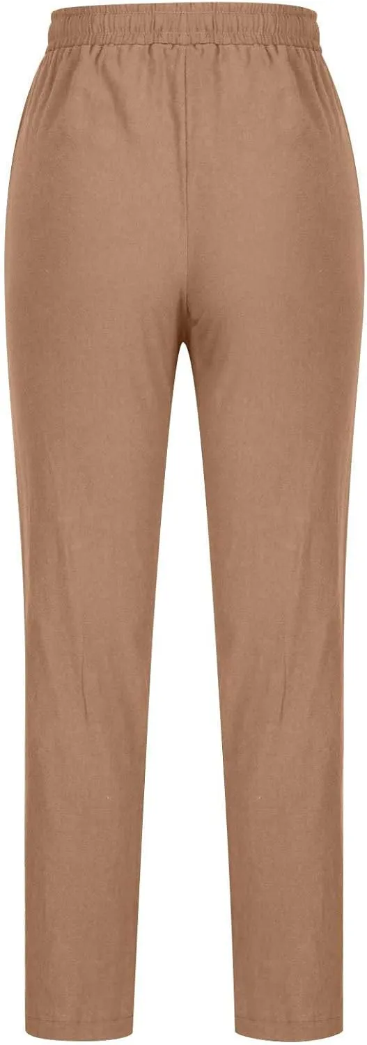 Cotton Linen Pants for Women Casual Fall Drawstring High Waist Pants with Pockets Outside Wear Tapered Wide Leg Pants