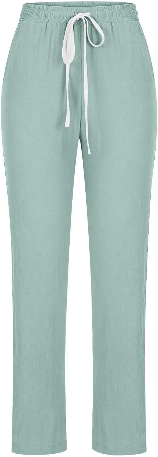 Cotton Linen Pants for Women Casual Fall Drawstring High Waist Pants with Pockets Outside Wear Tapered Wide Leg Pants