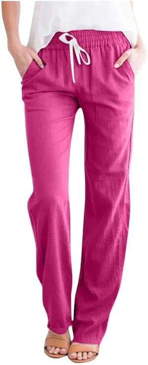 Cotton Linen Pants for Women Casual Fall Drawstring High Waist Pants with Pockets Outside Wear Tapered Wide Leg Pants