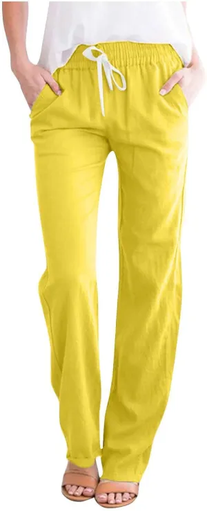 Cotton Linen Pants for Women Casual Fall Drawstring High Waist Pants with Pockets Outside Wear Tapered Wide Leg Pants