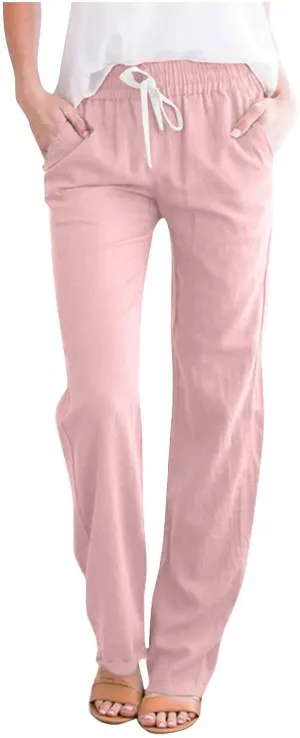 Cotton Linen Pants for Women Casual Fall Drawstring High Waist Pants with Pockets Outside Wear Tapered Wide Leg Pants