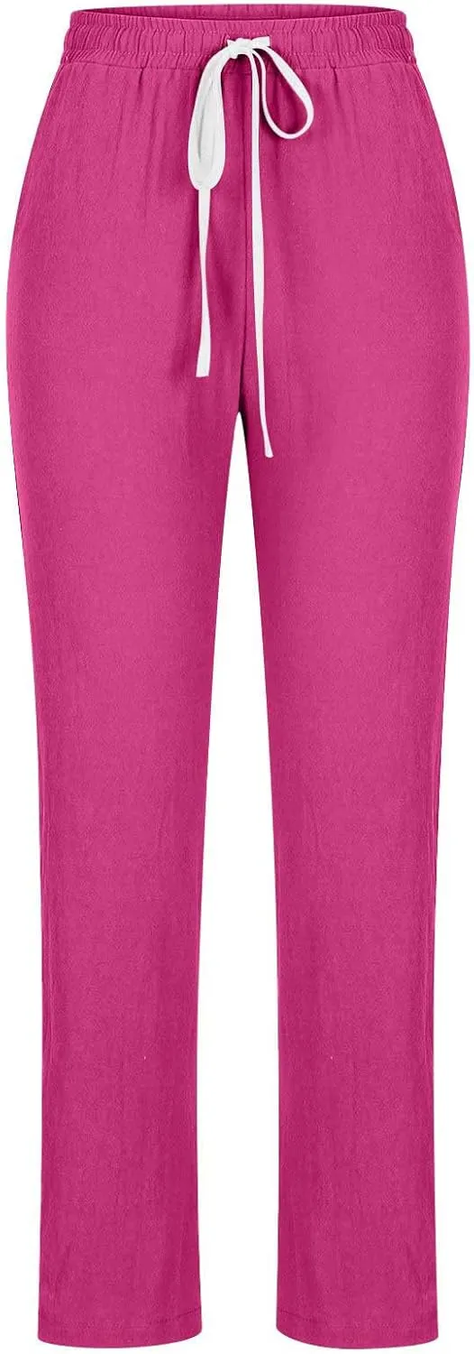 Cotton Linen Pants for Women Casual Fall Drawstring High Waist Pants with Pockets Outside Wear Tapered Wide Leg Pants