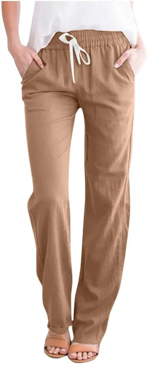 Cotton Linen Pants for Women Casual Fall Drawstring High Waist Pants with Pockets Outside Wear Tapered Wide Leg Pants