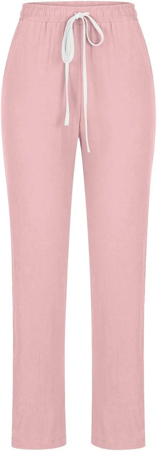 Cotton Linen Pants for Women Casual Fall Drawstring High Waist Pants with Pockets Outside Wear Tapered Wide Leg Pants