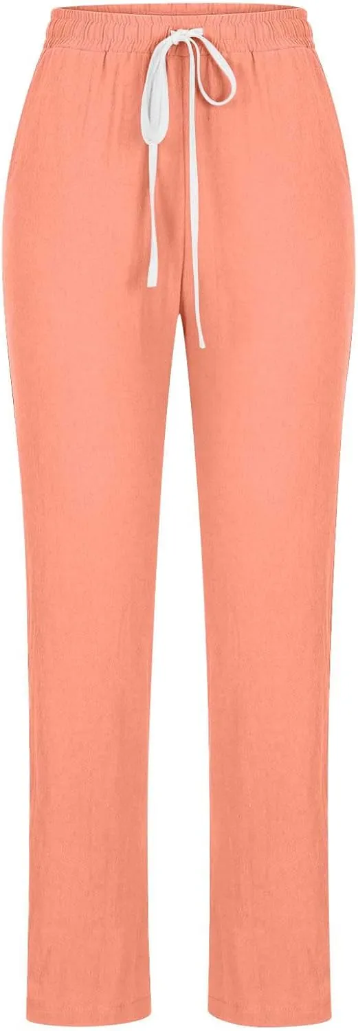 Cotton Linen Pants for Women Casual Fall Drawstring High Waist Pants with Pockets Outside Wear Tapered Wide Leg Pants