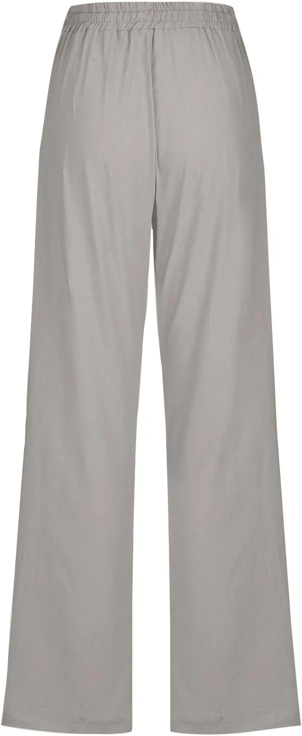 Cotton Linen Pants for Women Wide Leg Palazzo Pant High Waisted Drawstring Trousers Summer Beach Pant with Pockets