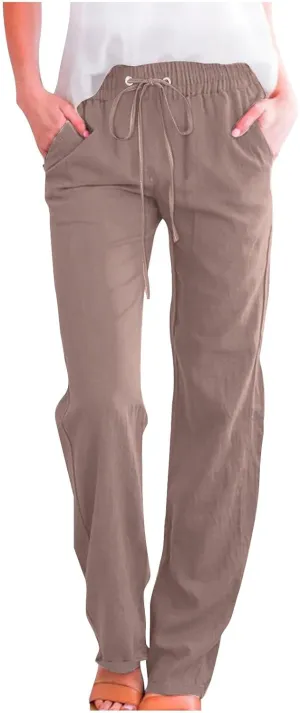 Cotton Linen Pants for Women Wide Leg Palazzo Pant High Waisted Drawstring Trousers Summer Beach Pant with Pockets