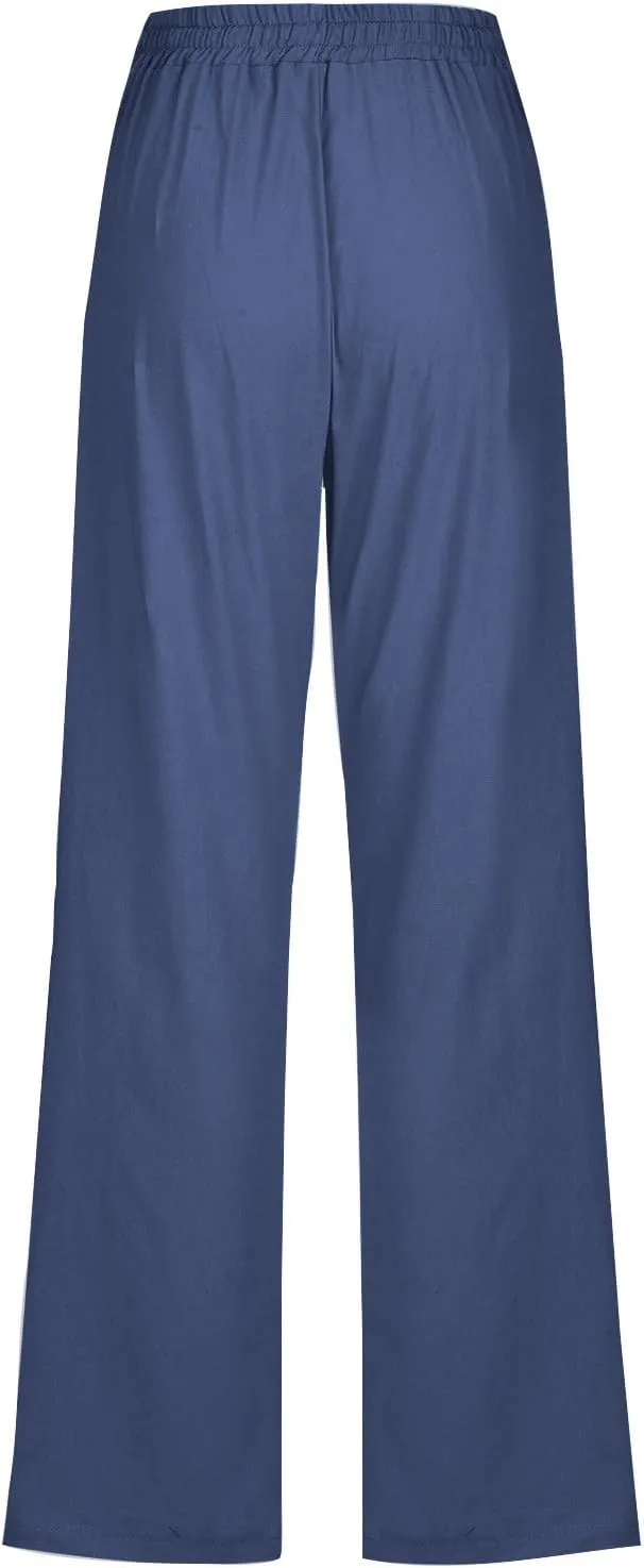 Cotton Linen Pants for Women Wide Leg Palazzo Pant High Waisted Drawstring Trousers Summer Beach Pant with Pockets