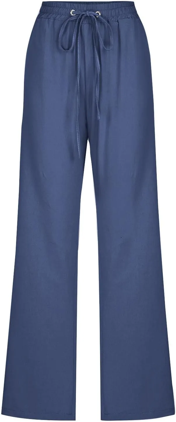 Cotton Linen Pants for Women Wide Leg Palazzo Pant High Waisted Drawstring Trousers Summer Beach Pant with Pockets