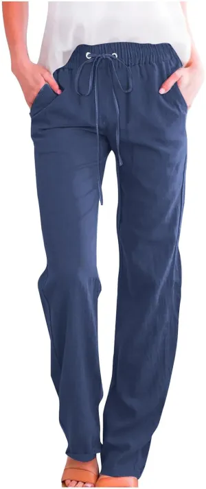 Cotton Linen Pants for Women Wide Leg Palazzo Pant High Waisted Drawstring Trousers Summer Beach Pant with Pockets