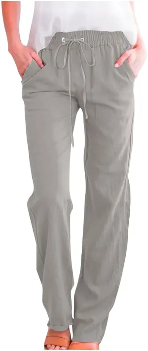 Cotton Linen Pants for Women Wide Leg Palazzo Pant High Waisted Drawstring Trousers Summer Beach Pant with Pockets