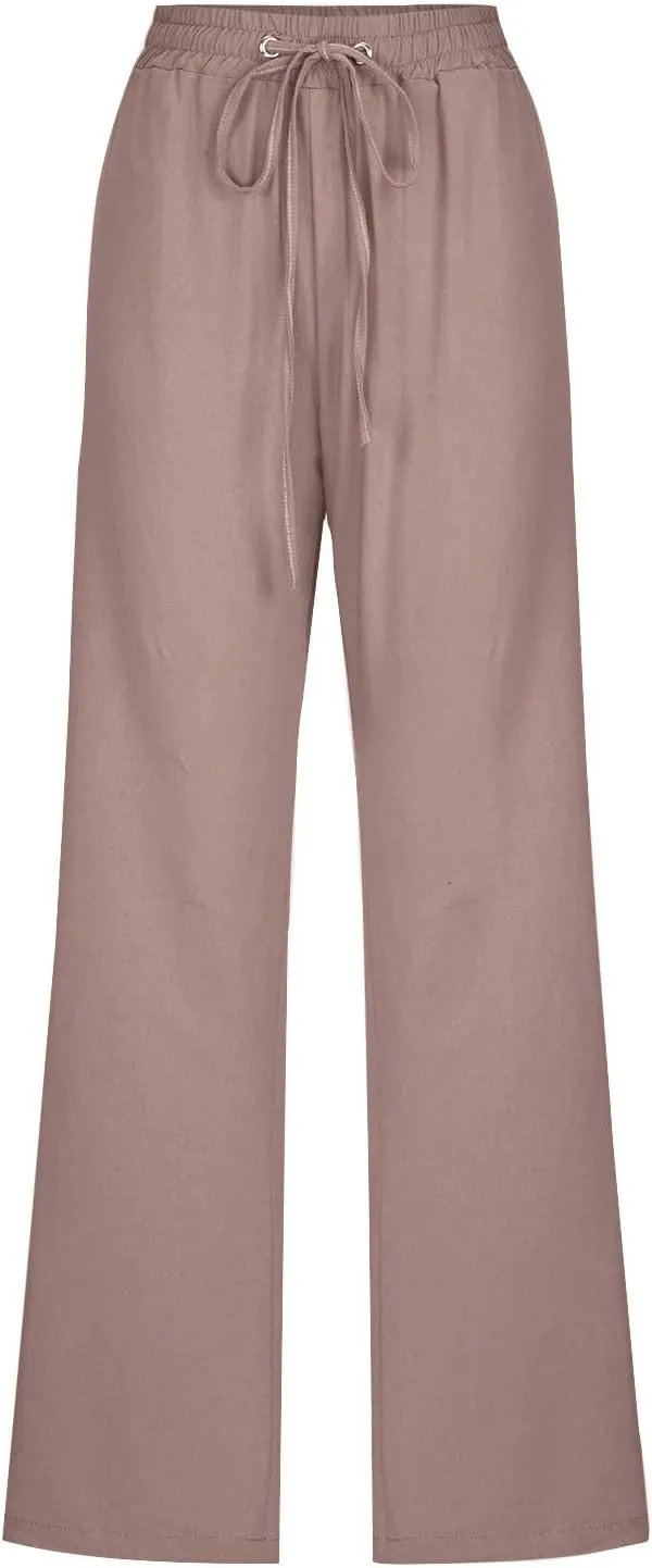 Cotton Linen Pants for Women Wide Leg Palazzo Pant High Waisted Drawstring Trousers Summer Beach Pant with Pockets