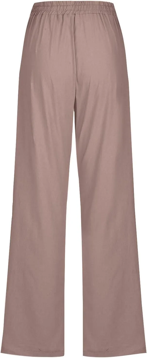 Cotton Linen Pants for Women Wide Leg Palazzo Pant High Waisted Drawstring Trousers Summer Beach Pant with Pockets