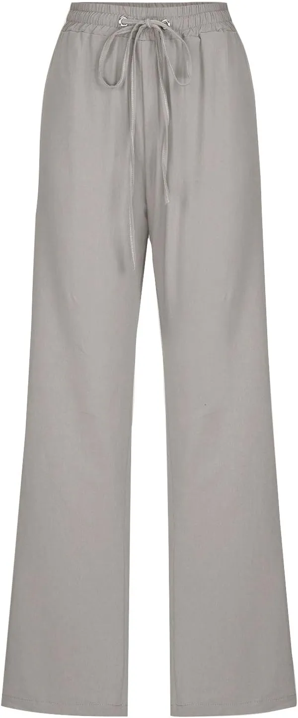 Cotton Linen Pants for Women Wide Leg Palazzo Pant High Waisted Drawstring Trousers Summer Beach Pant with Pockets
