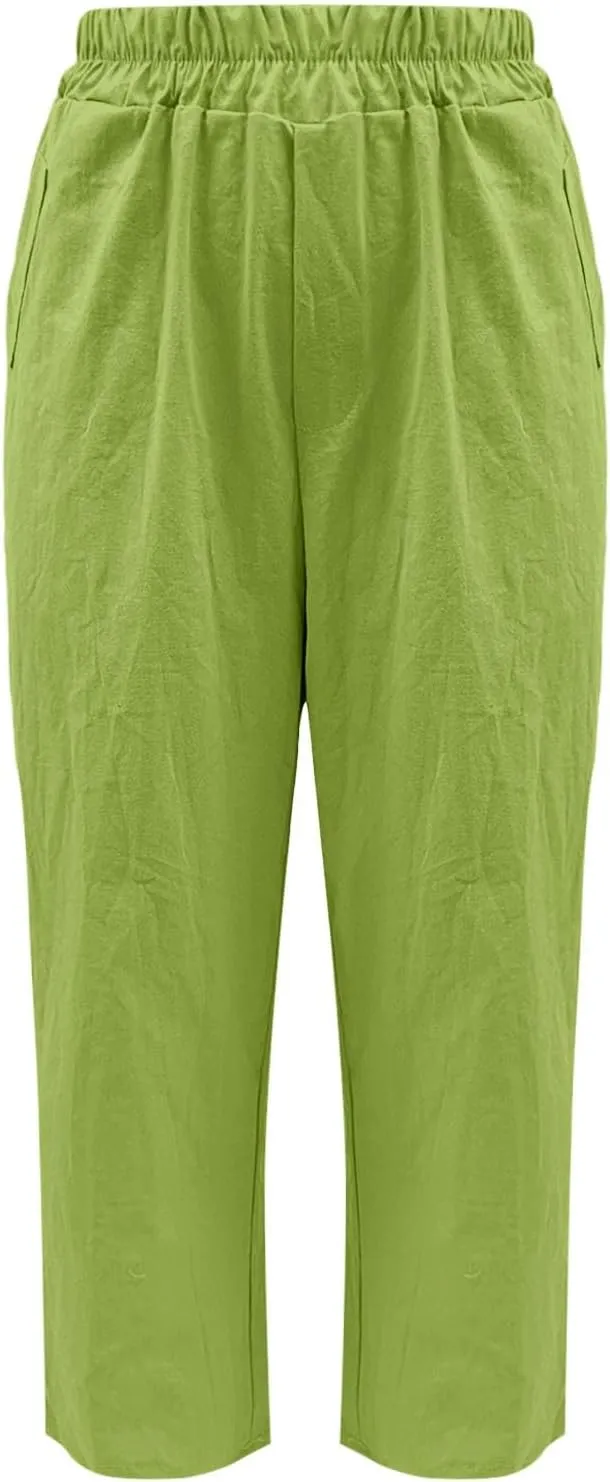 Cotton Linen Pants for Womens Elastic Waist Straight Leg Trousers 2025 Summer Loose Fir Comfy Hiking Jogger Sweatpant