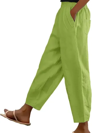 Cotton Linen Pants for Womens Elastic Waist Straight Leg Trousers 2025 Summer Loose Fir Comfy Hiking Jogger Sweatpant