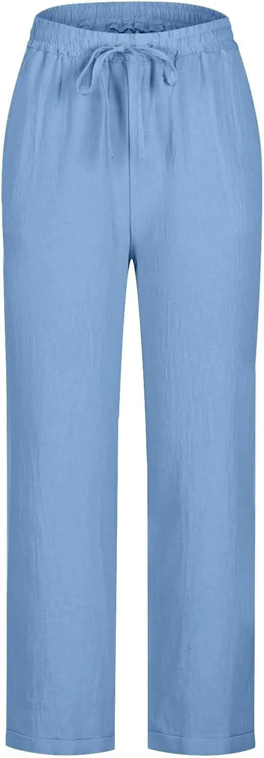 Cotton Linen Pants for Women's High Waist Straight Leg Trousers Casual Baggy Breathable Cool Beach Outfits Plus Size