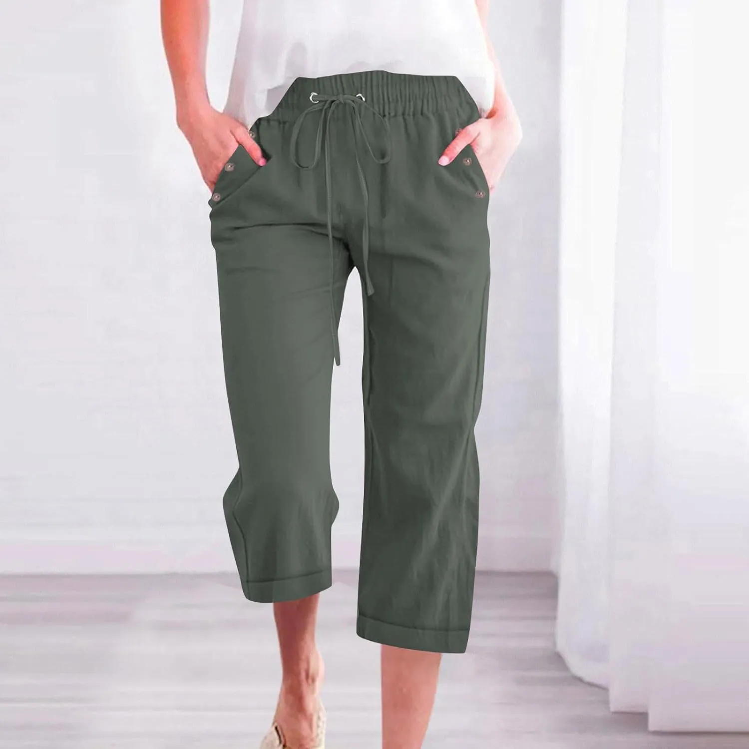 Cotton Linen Pants Women Summer Drawstring High Waist Straight Leg Pants Lightweight Breathable Trousers with Pocket