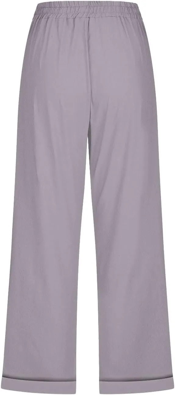 Cotton Linen Pants Women Summer Drawstring High Waist Straight Leg Pants Lightweight Breathable Trousers with Pocket