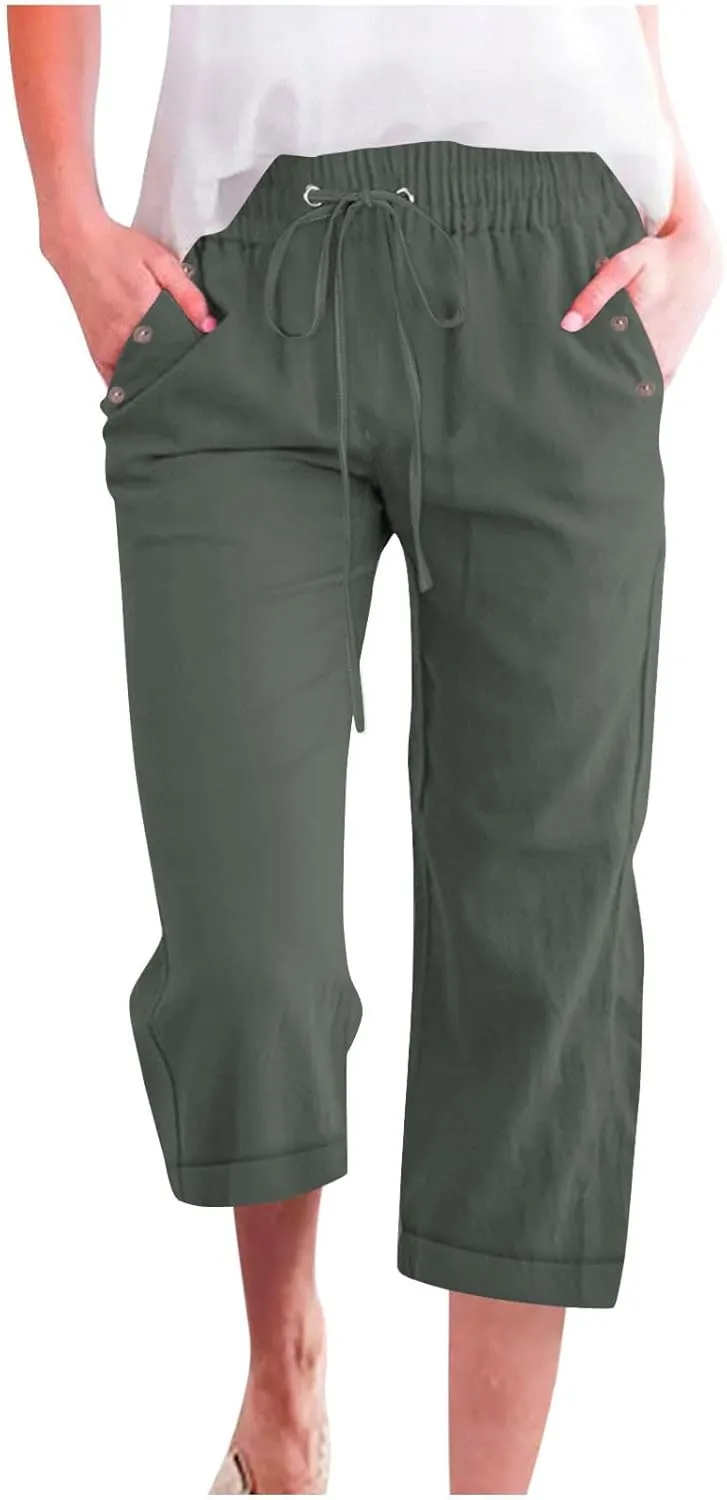 Cotton Linen Pants Women Summer Drawstring High Waist Straight Leg Pants Lightweight Breathable Trousers with Pocket