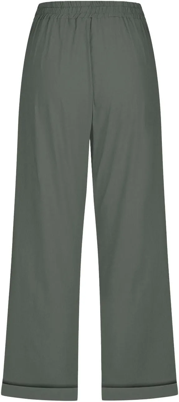 Cotton Linen Pants Women Summer Drawstring High Waist Straight Leg Pants Lightweight Breathable Trousers with Pocket