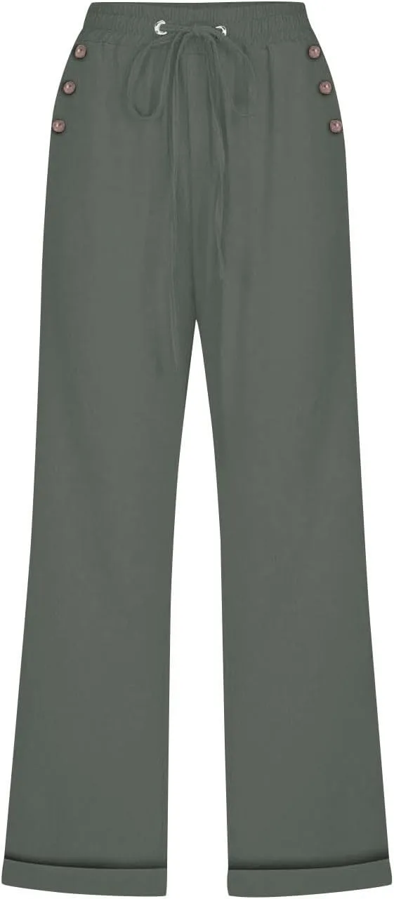 Cotton Linen Pants Women Summer Drawstring High Waist Straight Leg Pants Lightweight Breathable Trousers with Pocket