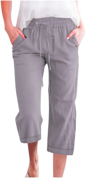 Cotton Linen Pants Women Summer Drawstring High Waist Straight Leg Pants Lightweight Breathable Trousers with Pocket
