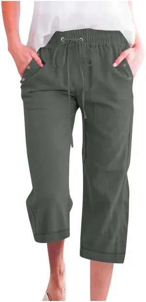 Cotton Linen Pants Women Summer Drawstring High Waist Straight Leg Pants Lightweight Breathable Trousers with Pocket