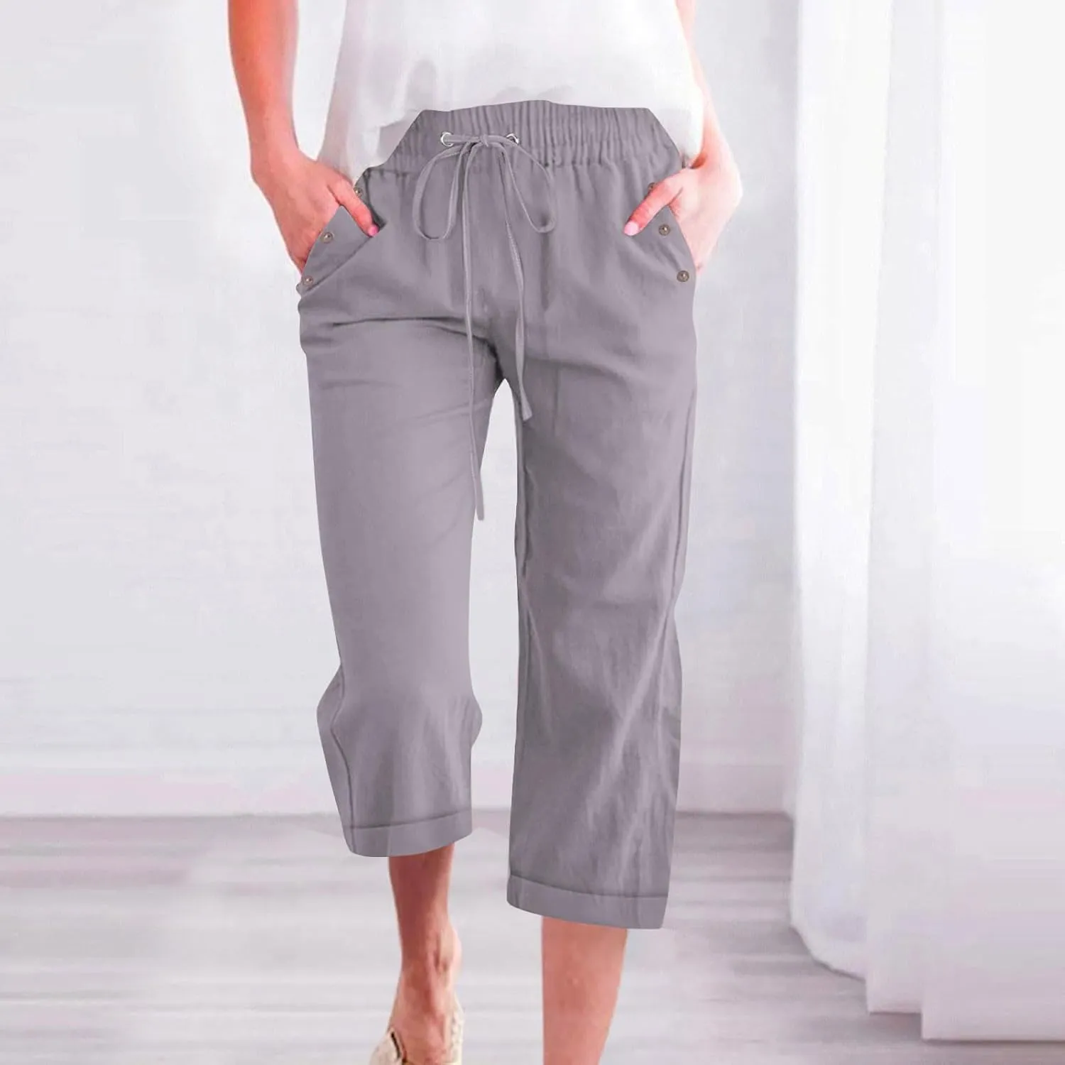 Cotton Linen Pants Women Summer Drawstring High Waist Straight Leg Pants Lightweight Breathable Trousers with Pocket