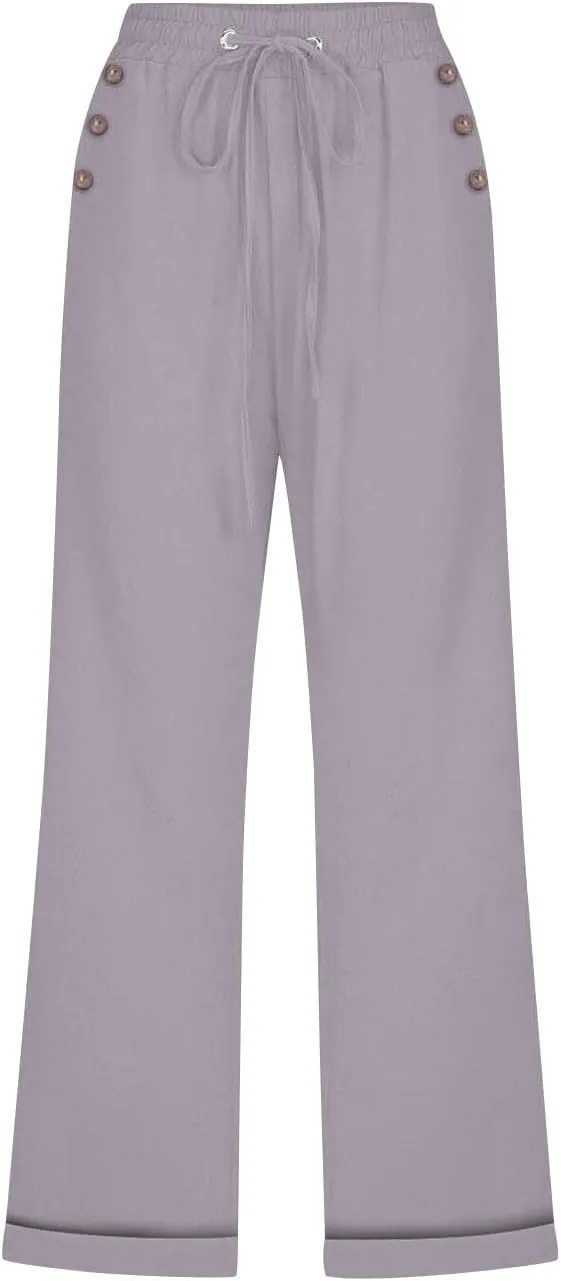 Cotton Linen Pants Women Summer Drawstring High Waist Straight Leg Pants Lightweight Breathable Trousers with Pocket