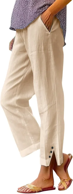 Cropped Linen Pants Women Summer Elastic Waist Straight Leg Plus Size Crop Pants Casual Beach Trousers with Pockets