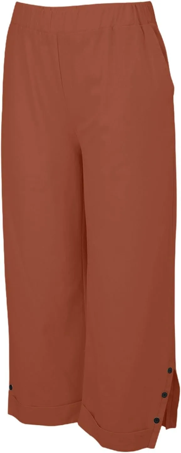 Cropped Linen Pants Women Summer Elastic Waist Straight Leg Plus Size Crop Pants Casual Beach Trousers with Pockets
