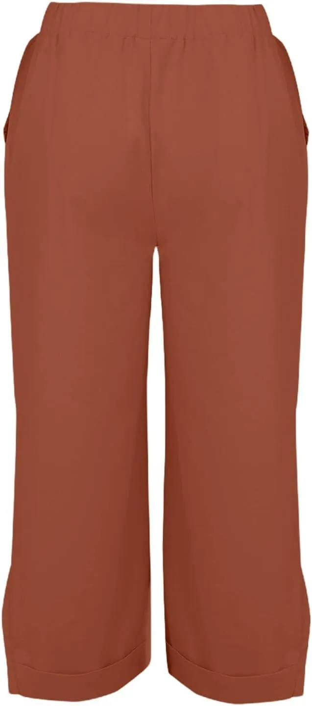Cropped Linen Pants Women Summer Elastic Waist Straight Leg Plus Size Crop Pants Casual Beach Trousers with Pockets