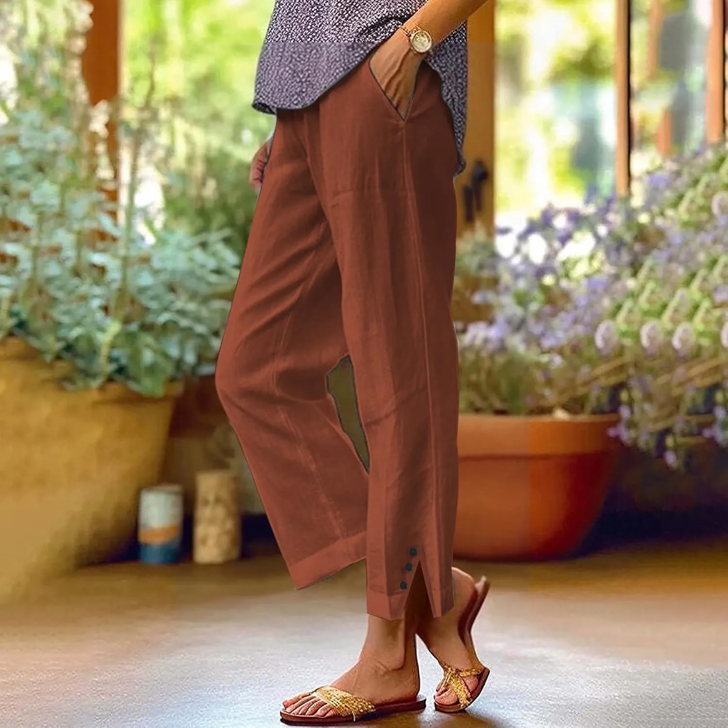 Cropped Linen Pants Women Summer Elastic Waist Straight Leg Plus Size Crop Pants Casual Beach Trousers with Pockets