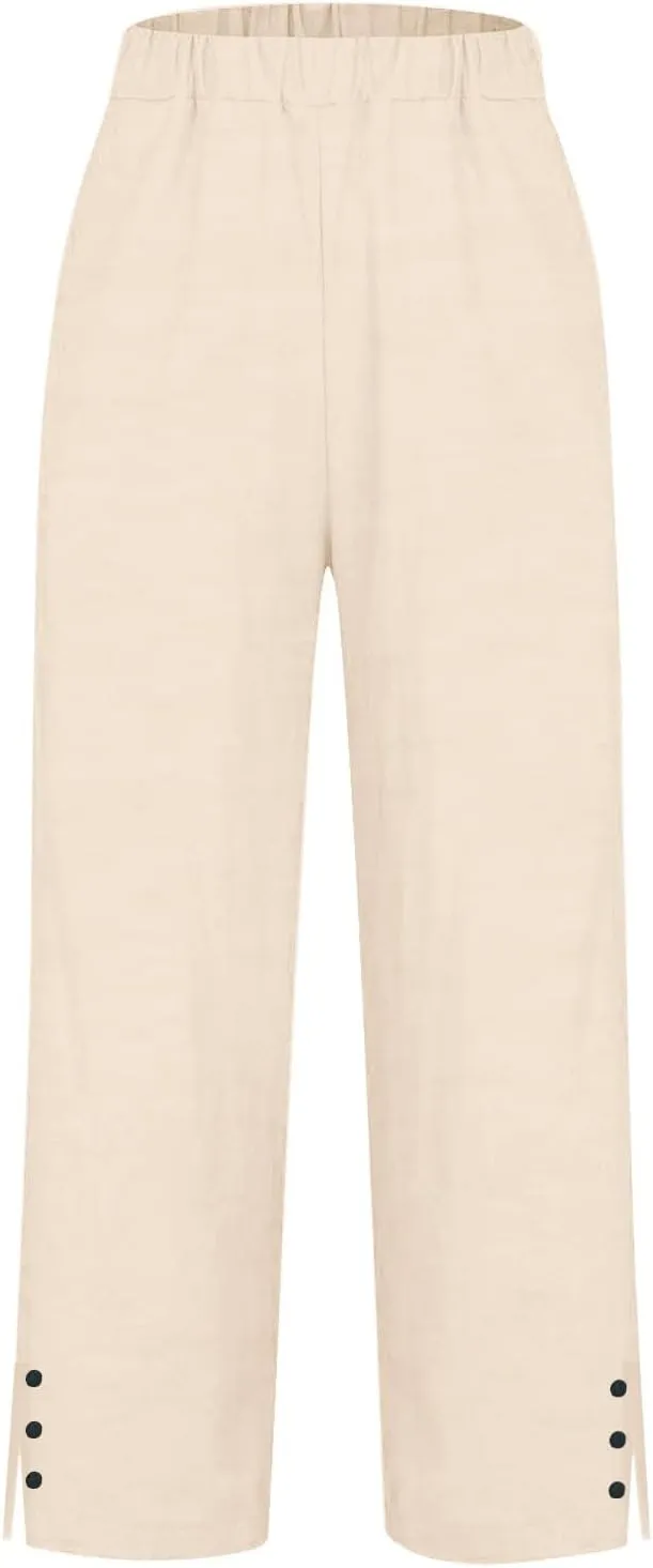 Cropped Linen Pants Women Summer Elastic Waist Straight Leg Plus Size Crop Pants Casual Beach Trousers with Pockets