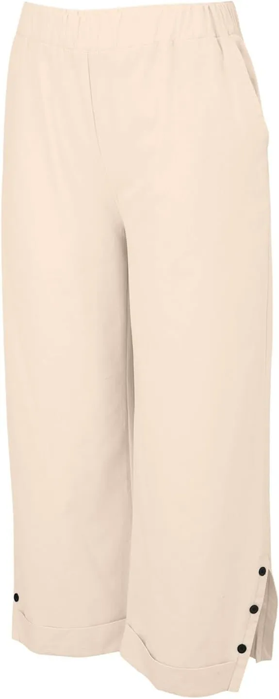 Cropped Linen Pants Women Summer Elastic Waist Straight Leg Plus Size Crop Pants Casual Beach Trousers with Pockets
