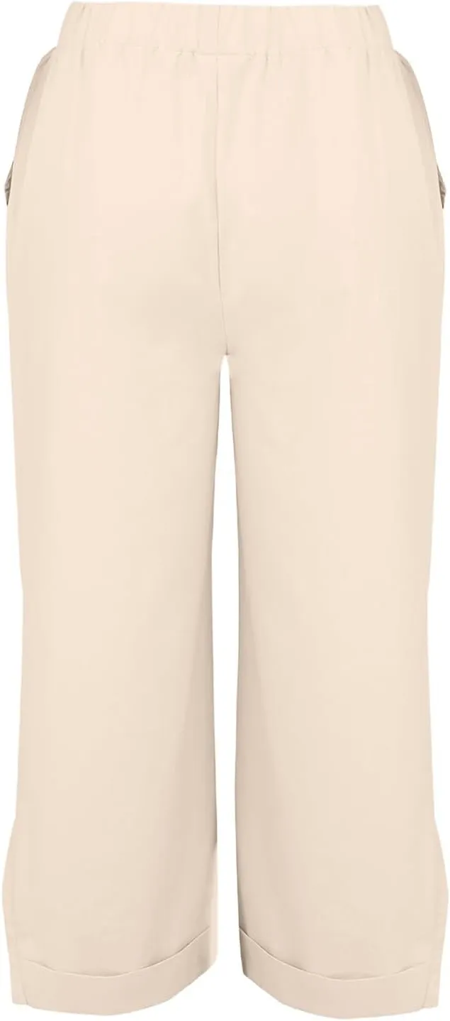 Cropped Linen Pants Women Summer Elastic Waist Straight Leg Plus Size Crop Pants Casual Beach Trousers with Pockets