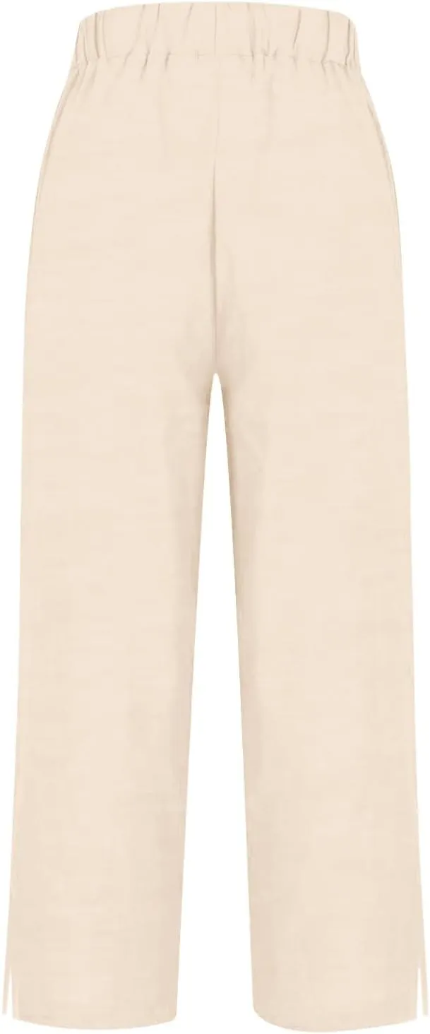 Cropped Linen Pants Women Summer Elastic Waist Straight Leg Plus Size Crop Pants Casual Beach Trousers with Pockets
