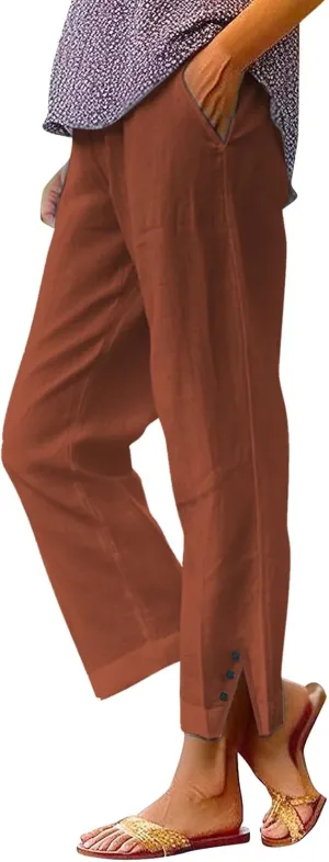 Cropped Linen Pants Women Summer Elastic Waist Straight Leg Plus Size Crop Pants Casual Beach Trousers with Pockets