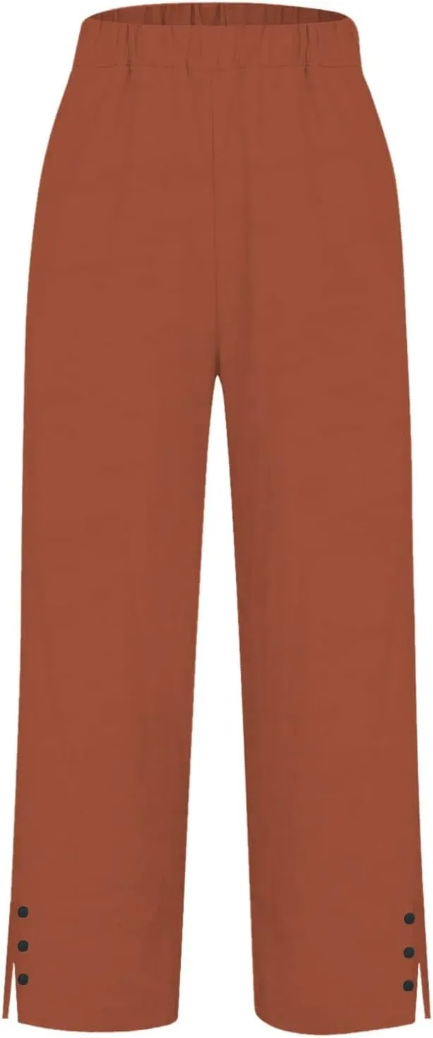 Cropped Linen Pants Women Summer Elastic Waist Straight Leg Plus Size Crop Pants Casual Beach Trousers with Pockets